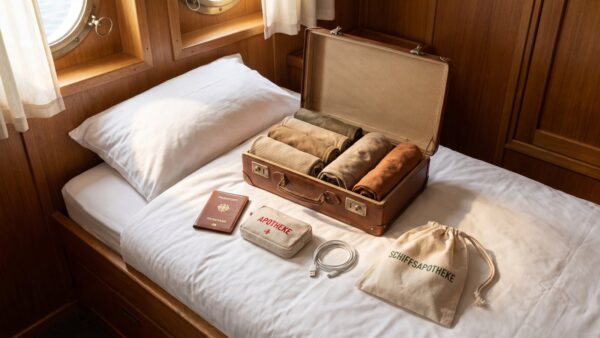 kreuzfahrt packliste bild 1 Kreuzfahrt-Packliste: Koffer mit Kleidung, Dokumenten und Reiseapotheke auf dem Bett