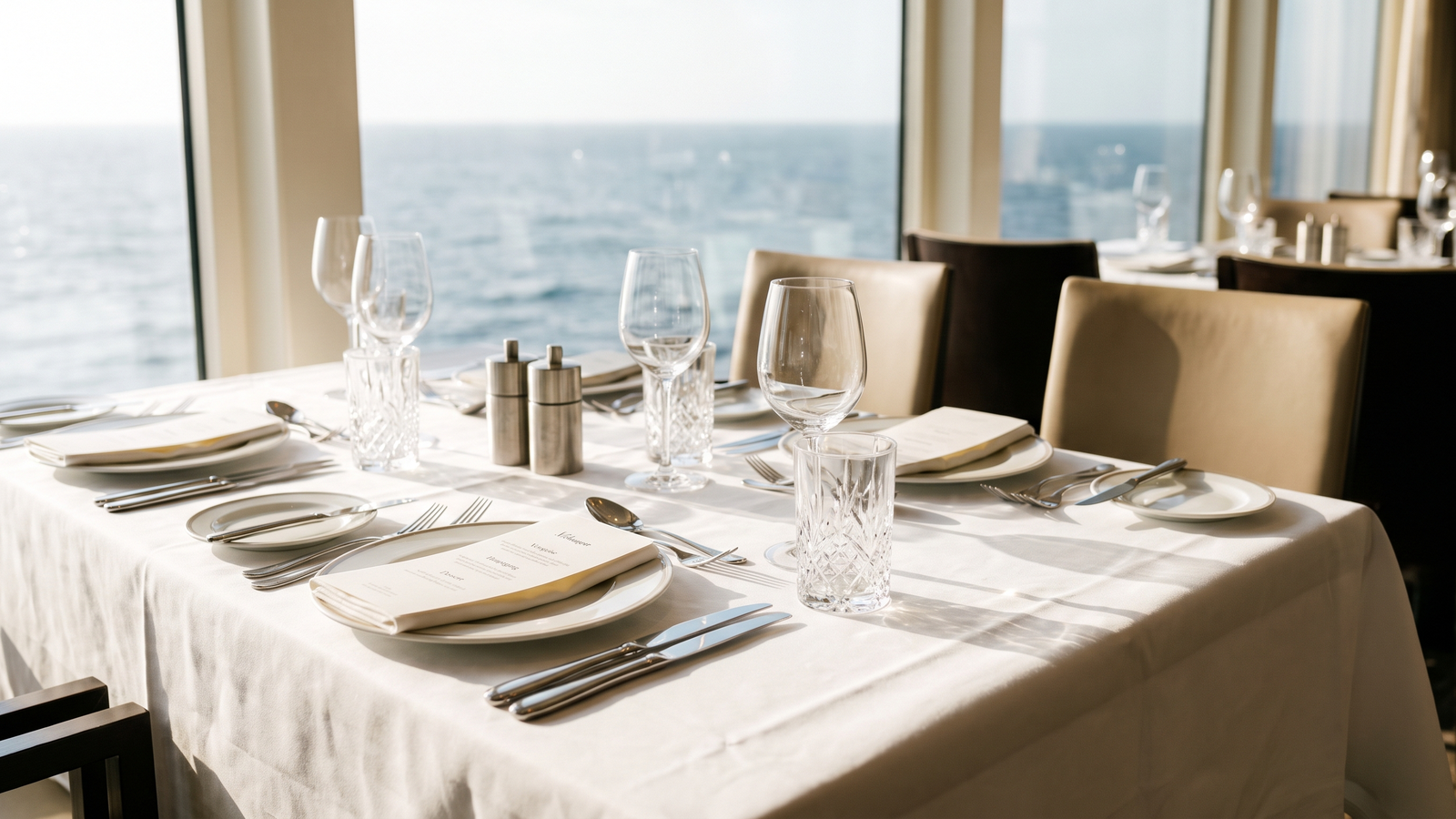 kreuzfahrt trinkgeld bild 1 Gedeckter Tisch im Bordrestaurant eines Kreuzfahrtschiffs mit Meerblick