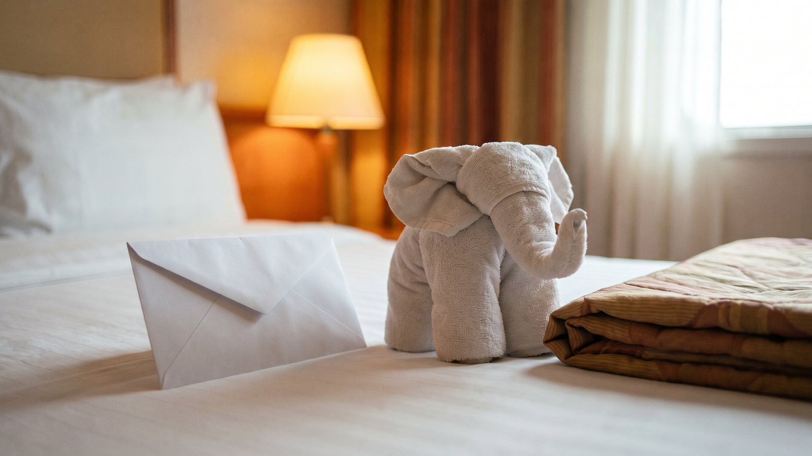 kreuzfahrt trinkgeld bild 3 Trinkgeldumschlag neben einem Handtuchtier auf dem Bett einer Schiffskabine