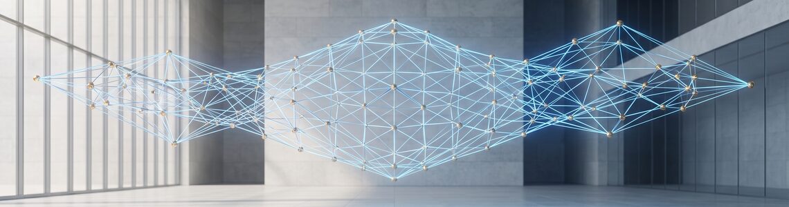 Netzstruktur aus Knotenpunkten schwebt in einer leeren Halle aus Stein und Glas