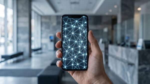 krypto inline 1 vertrauen Hand haelt Smartphone mit leuchtendem Netzwerk in einer menschenleeren Bankhalle