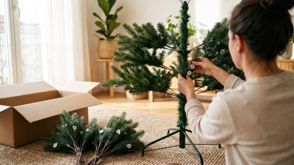 Künstlichen Weihnachtsbaum aufbauen: Astreihen auf den Mittelstamm stecken