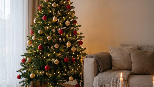 Fertig geschmückter künstlicher Weihnachtsbaum im Wohnzimmer