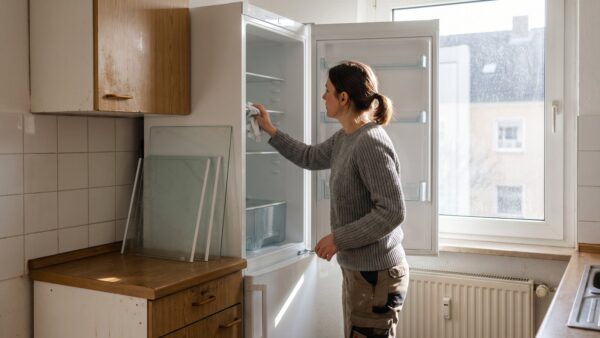 Frau wischt den leeren Kuehlschrank beim Kuehlschrank reinigen aus