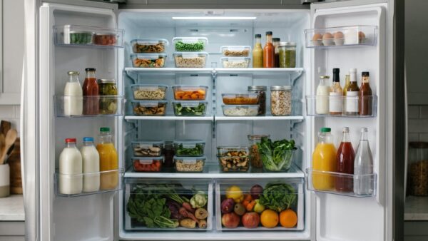 Geordneter Kuehlschrank mit Temperaturzonen nach dem Kuehlschrank reinigen