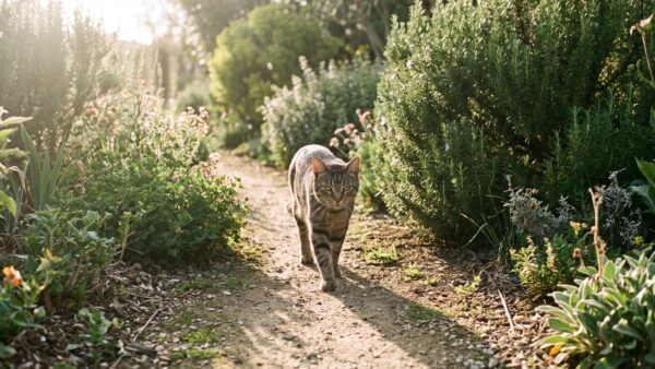 kv freigaenger Getigerte Katze laeuft ueber einen Gartenweg - Katzenversicherung fuer Freigaenger