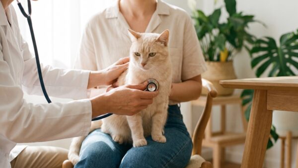 kv katze gesundheitscheck Tieraerztin hoert eine Katze auf dem Schoss der Halterin ab - Gesundheitspruefung vor der Katzenversicherung