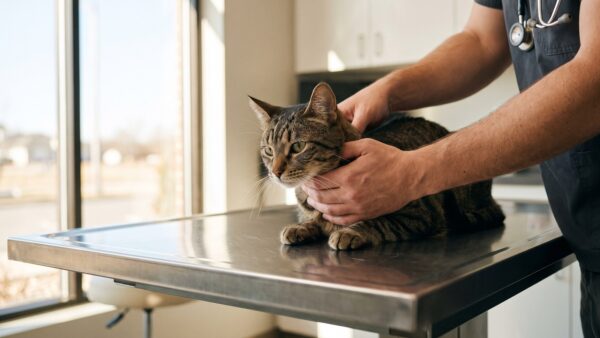 kv katze untersuchung Tieraerztin untersucht eine getigerte Katze auf dem Behandlungstisch - Leistungen der Katzenversicherung