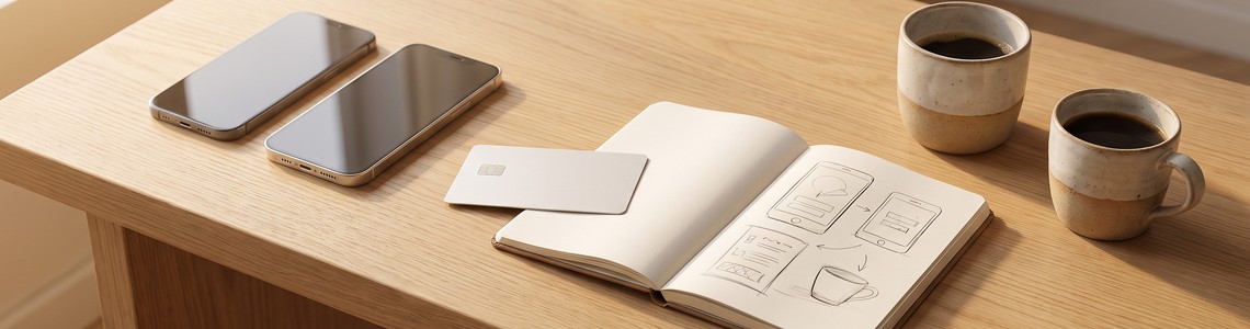 Zwei Smartphones und Bankkarte auf einem Schreibtisch