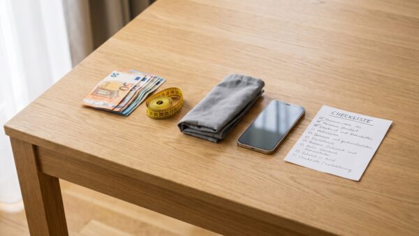 lagerverkaeufe termine inline 3 Ausrüstung für den Lagerverkauf: Bargeld, Maßband, Faltbeutel und Notizzettel auf einem Holztisch