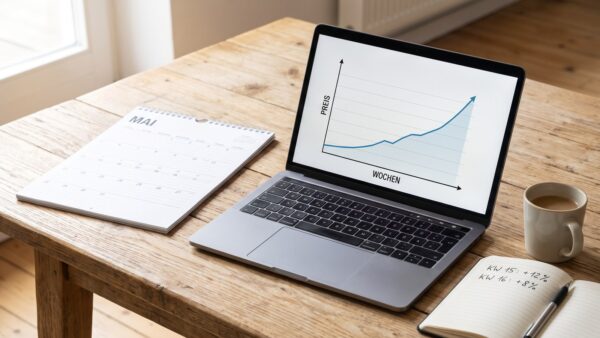 Kalender und Laptop mit Preiskurve zum Buchungszeitpunkt einer Last-Minute-Reise