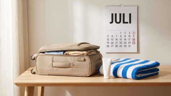 Gepackter Koffer und Wandkalender für die Buchung einer Pauschalreise