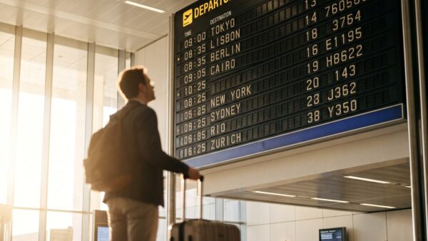 Abflug-Anzeigetafel in einer Flughafenhalle als Symbol für dynamische Reisepreise
