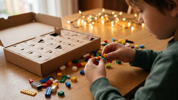 lego adventskalender kind Kind baut am Adventskalender-Türchen ein kleines LEGO Modell am Wohnzimmertisch
