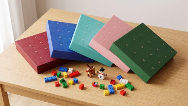 lego adventskalender uebersicht Die fünf LEGO Adventskalender 2026 nebeneinander auf einem Holztisch