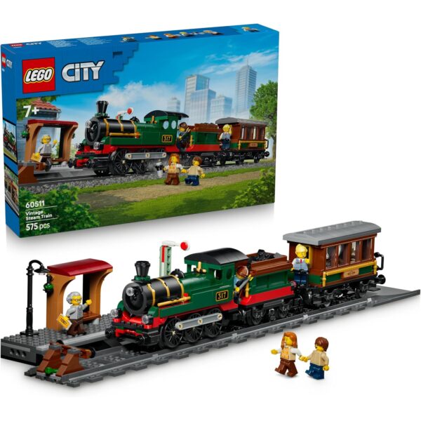 LEGO City Klassischer Dampfzug Spielzeug - STEM Modellbausatz - Set mit Bahnhof, Schienen, Führerstand Steuerung, Haltesignal und 5 Minifiguren - 60511