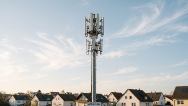 Lidl Connect Netz: Mobilfunkmast im Vodafone-Netz ueber deutscher Vorstadtsiedlung