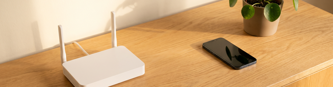 Weißer Router mit Antennen neben Smartphone und Zimmerpflanze