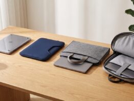 Vier Bauformen der MacBook Air Schutzhülle nebeneinander: Hardcase, Sleeve, Tasche und Rucksackfach
