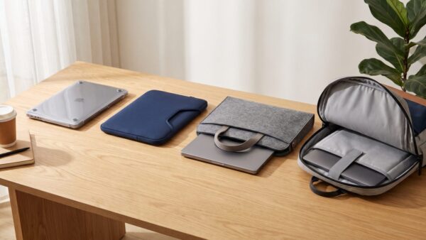 macbook air schutzhuelle bild 1 Vier Bauformen der MacBook Air SchutzhĂŒlle nebeneinander: Hardcase, Sleeve, Tasche und Rucksackfach