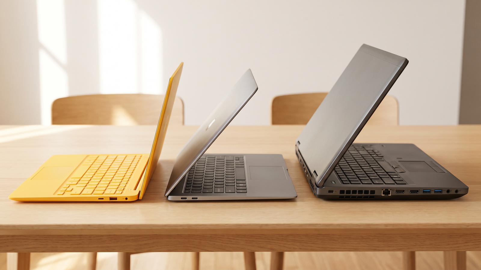 macbook kaufberatung bild 2 Einsteiger-, Ultrabook- und Profi-Notebook im direkten Groessenvergleich auf dem Schreibtisch