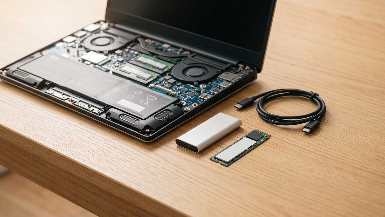 macbook kaufberatung bild 3 Geoeffnetes Notebook mit Platine neben externer SSD und M.2-Riegel als Speicher-Entscheidung