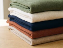Stapel zusammengelegter einfarbiger Pullover in gedeckten Farben