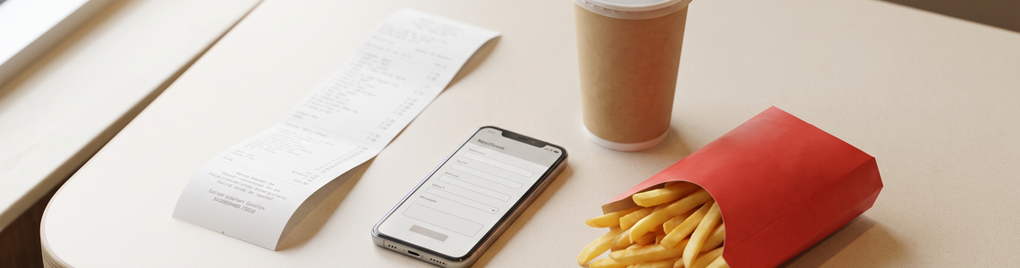 Kassenbon, Smartphone, Getränkebecher und Pommes auf einem Restauranttisch