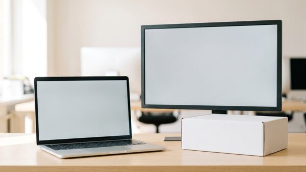 medion fabrikverkauf 1 medion aldi Medion Fabrikverkauf: Notebook und Monitor als typische Medion-Hardware auf einem hellen Schreibtisch