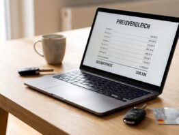 Mietwagen-Preisvergleich am Laptop mit Autoschlüssel und Kreditkarte