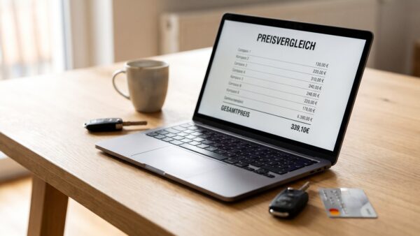Mietwagen-Preisvergleich am Laptop mit Autoschlüssel und Kreditkarte