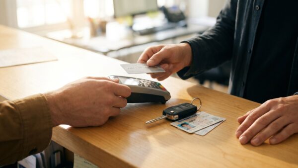 Kreditkarte und Autoschlüssel am Mietwagenschalter für die Kautionshinterlegung