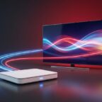 Vodafone Kabel Flat 300 bei MediaMarkt: WLAN-Router und Fernseher mit Lichtspuren als Sinnbild fuer schnelles Internet