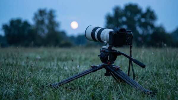 mondfinsternis 2026 fotografieren teleobjektiv Kamera mit Teleobjektiv auf Stativ fotografiert die Mondfinsternis 2026