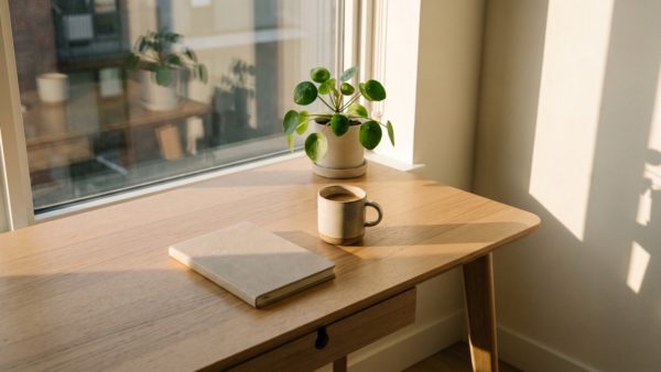 msci world etf bild 3 AufgerÀumter Schreibtisch mit geschlossenem Notebook und Kaffee