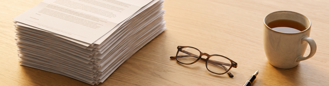 Rentenunterlagen mit Lesebrille und Füller auf dem Schreibtisch