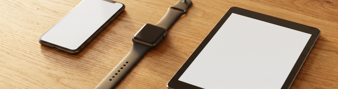 MultiCard: Smartphone, Smartwatch und Tablet nebeneinander auf dem Tisch