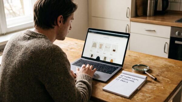 mydealz alternativen inline 3 Person prĂŒft Impressum und Zahlungsarten eines Online-Shops am Laptop auf Anzeichen fĂŒr einen Fake-Shop