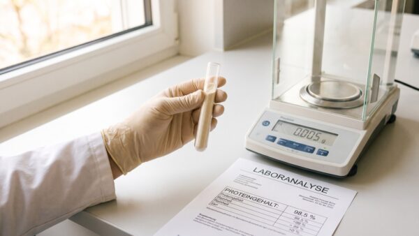 myprotein gutschein laborpruefung Laboranalyse von Proteinpulver – Probenröhrchen, Präzisionswaage und Analysezertifikat