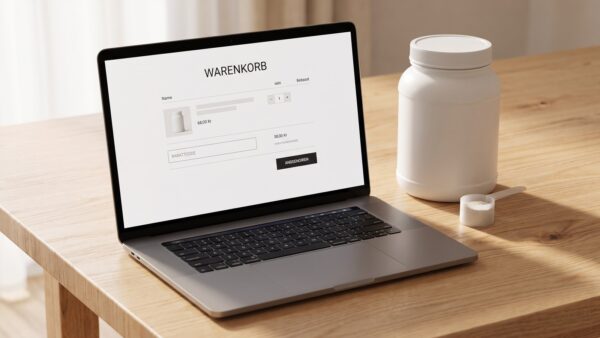 myprotein gutschein rabattsystem MyProtein Rabattcode im Warenkorb eingeben – Laptop mit Eingabefeld und Proteinpulver