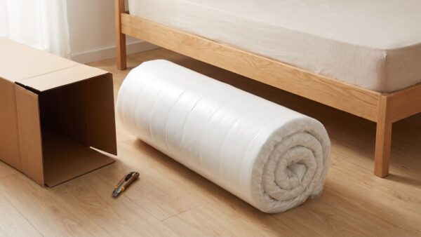 Matratze in Rollverpackung wird nach der Lieferung ausgepackt