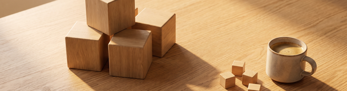 Wenige große und einige kleine Holzbausteine ohne Aufdruck