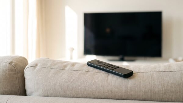 nebenkostenprivileg kabel bild 1 Fernbedienung auf dem Sofa vor einem dunklen Fernsehbildschirm