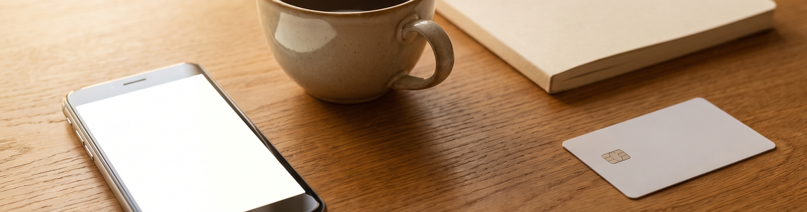 Smartphone und Bankkarte ohne Aufdruck auf einem hellen Tisch