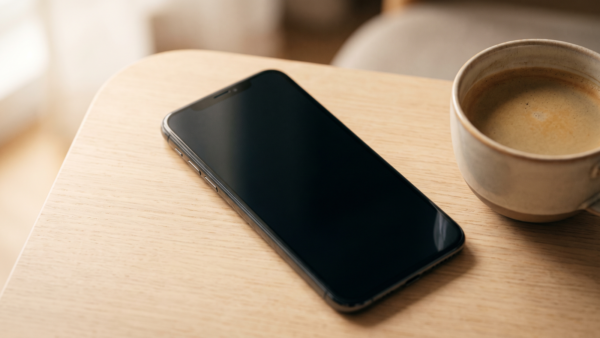 Smartphone mit dunklem Bildschirm neben einer Tasse Kaffee