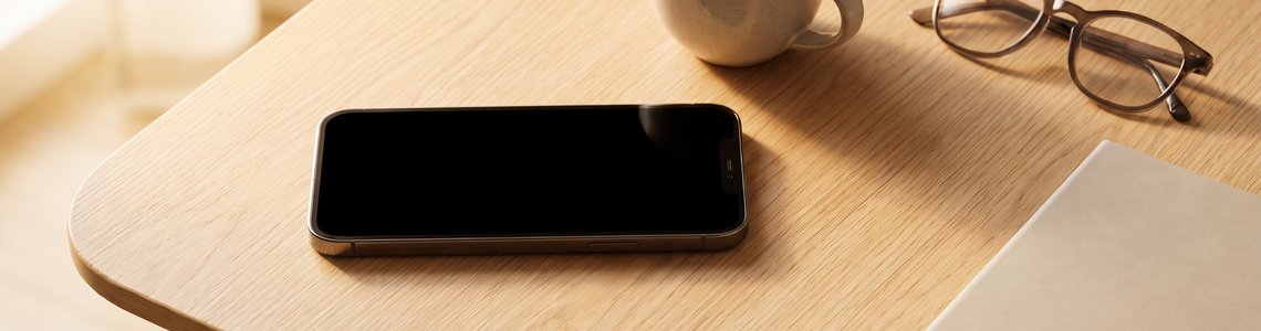 Smartphone mit dunklem Bildschirm neben Kaffee, Brille und Notizbuch