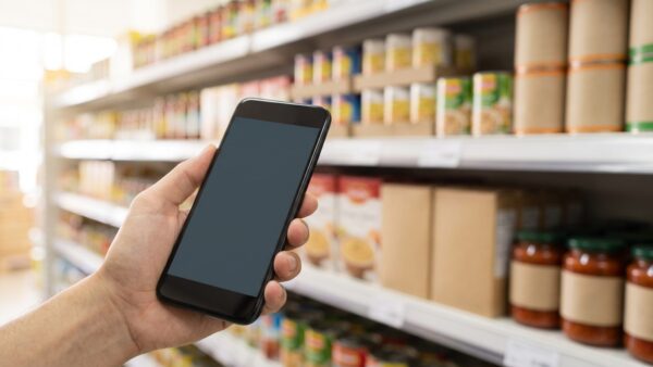 Netto App Coupon am Smartphone vor dem Supermarktregal einlösen