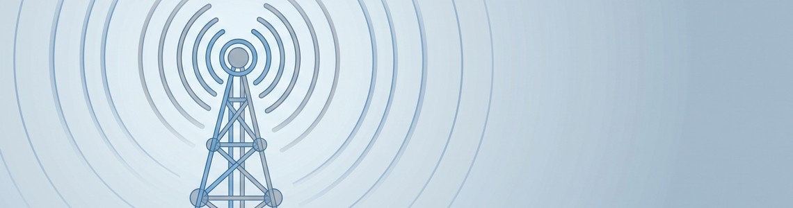 Mobilfunkmast mit Signalwellen als Grafik