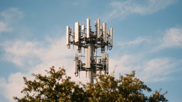 Mobilfunkmast mit Antennen vor blauem Himmel