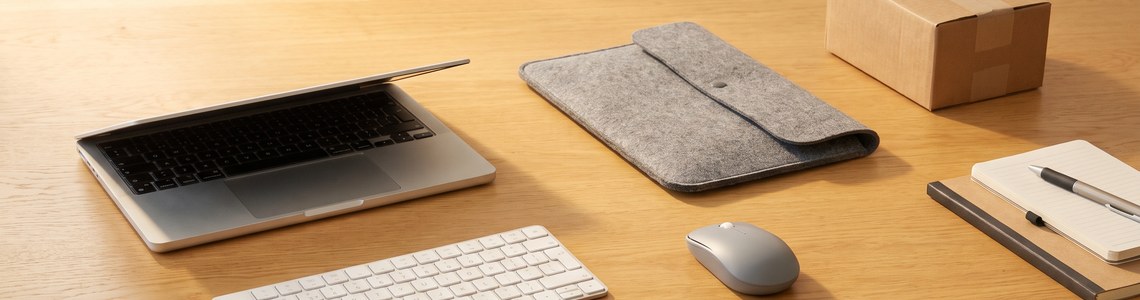 notebooksbilliger Gutschein - Notebook, Tastatur und Versandkarton auf dem Schreibtisch